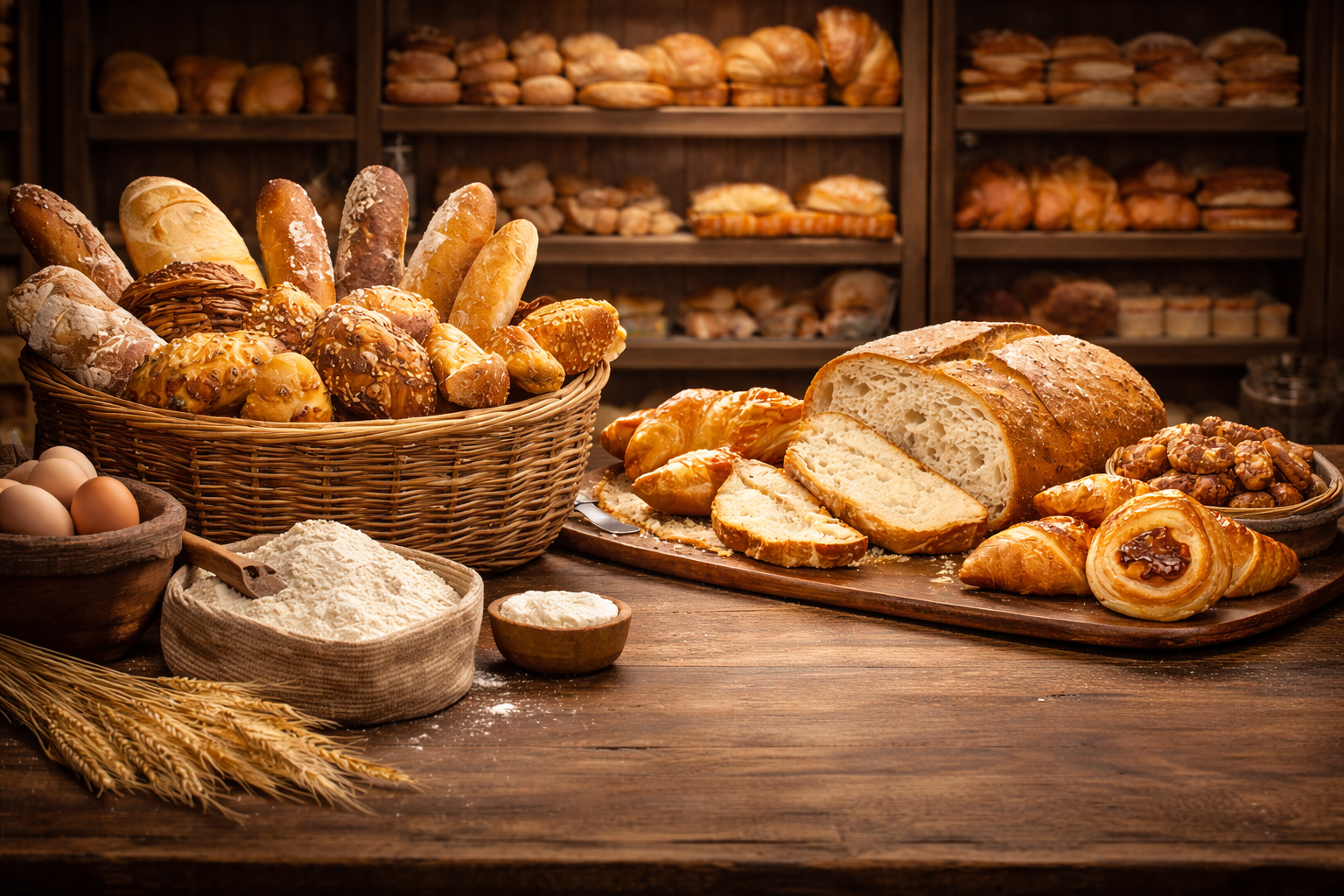 Mostrador de panadería con variedad de panes y facturas